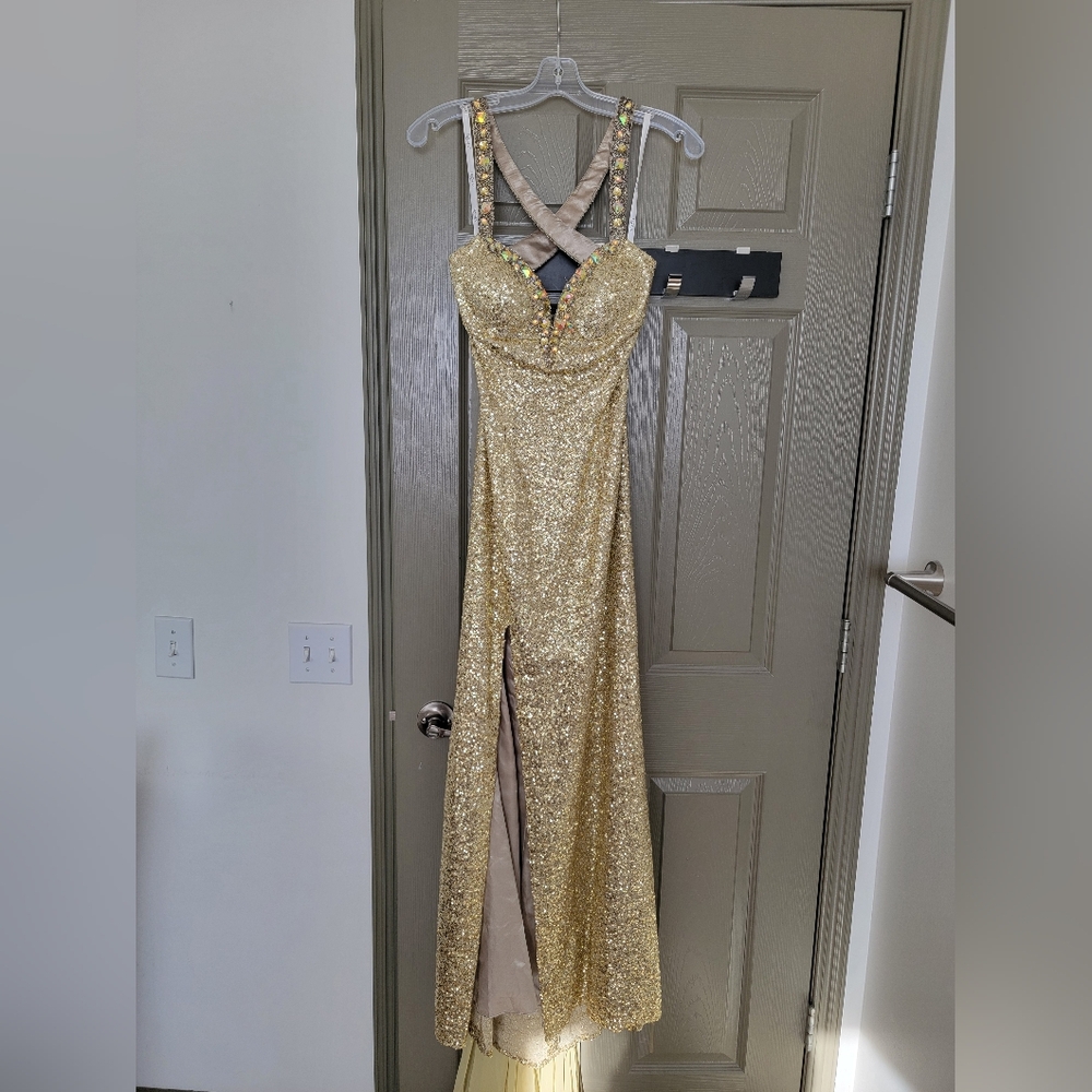 Tony Bowls Gold Sequin Open Back Gown